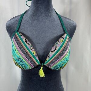 Shade & Shore Green Aqua Multicolor Halter Bikini Top with Tassel